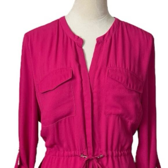 DR2 Dress Shirtdress Drawstring Waist Tabbed Sleeves Hot Pink Women’s Size Large - Picture 5 of 11